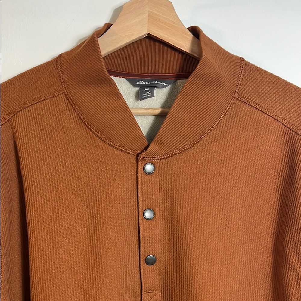 Eddie Bauer Men’s Rust Orange Long  Sleeve 1/4 Button Crewneck Sweater - Picture 3 of 6